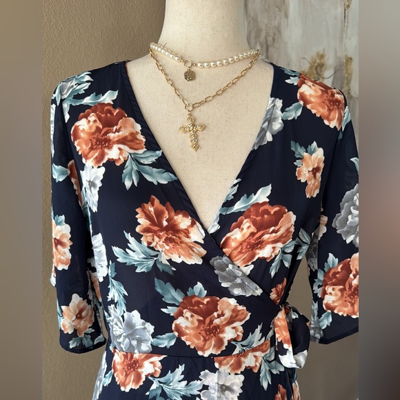 Dresses | Navy Blue Floral Print Wrap Maxi Dress | Poshmark